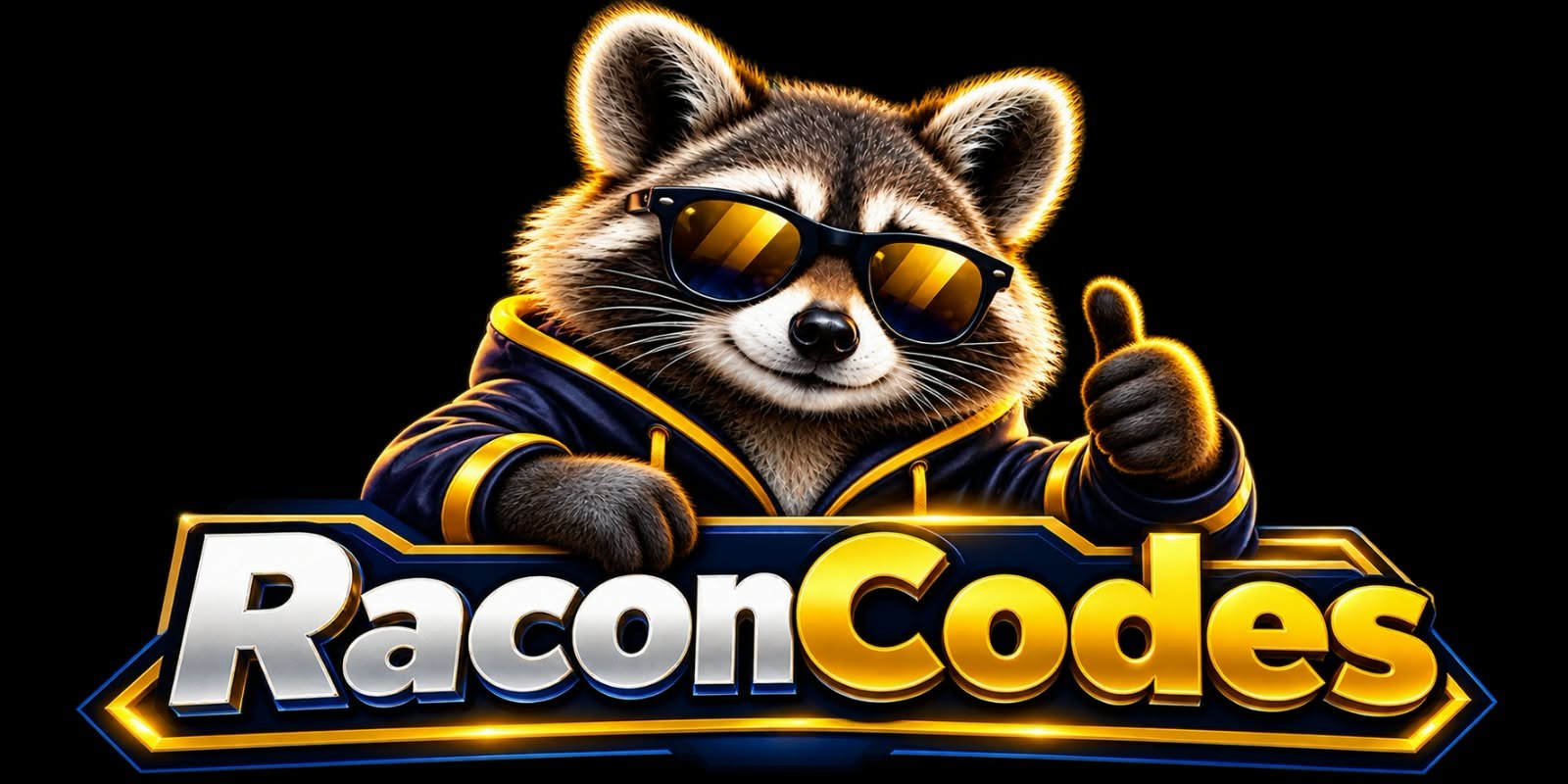 RaconCodes raccoon mascot in sunglasses giving a thumbs up